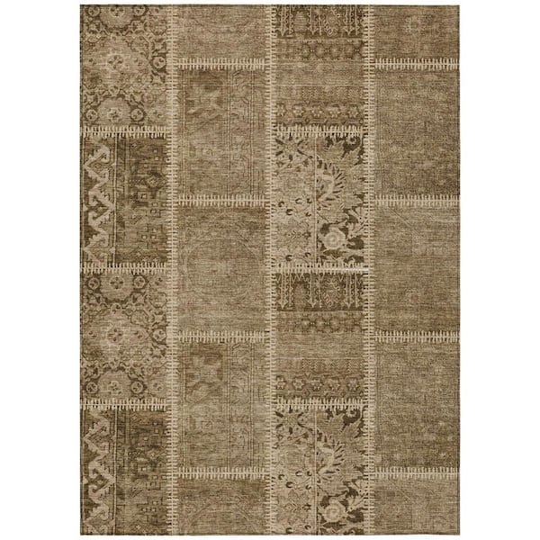 Brown, Beige 5 ft. x 8 ft. Woven Plaid Polyester Rectangle Indoor/Outdoor Area Rug