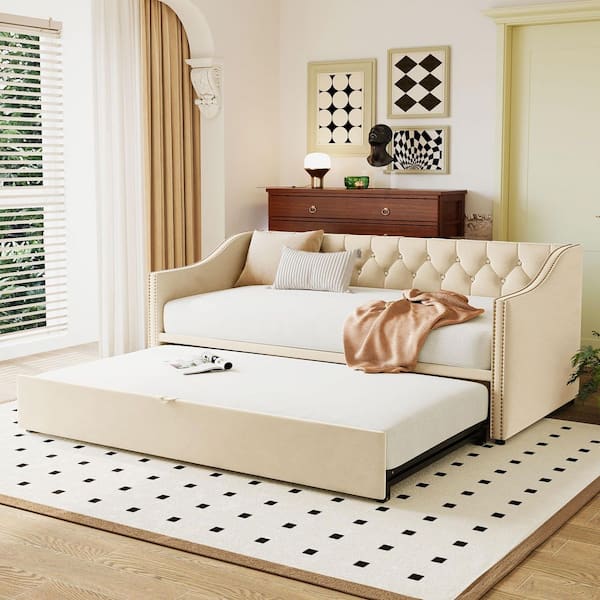 Beige Twin Upholstered Daybed with Pop Up Trundle