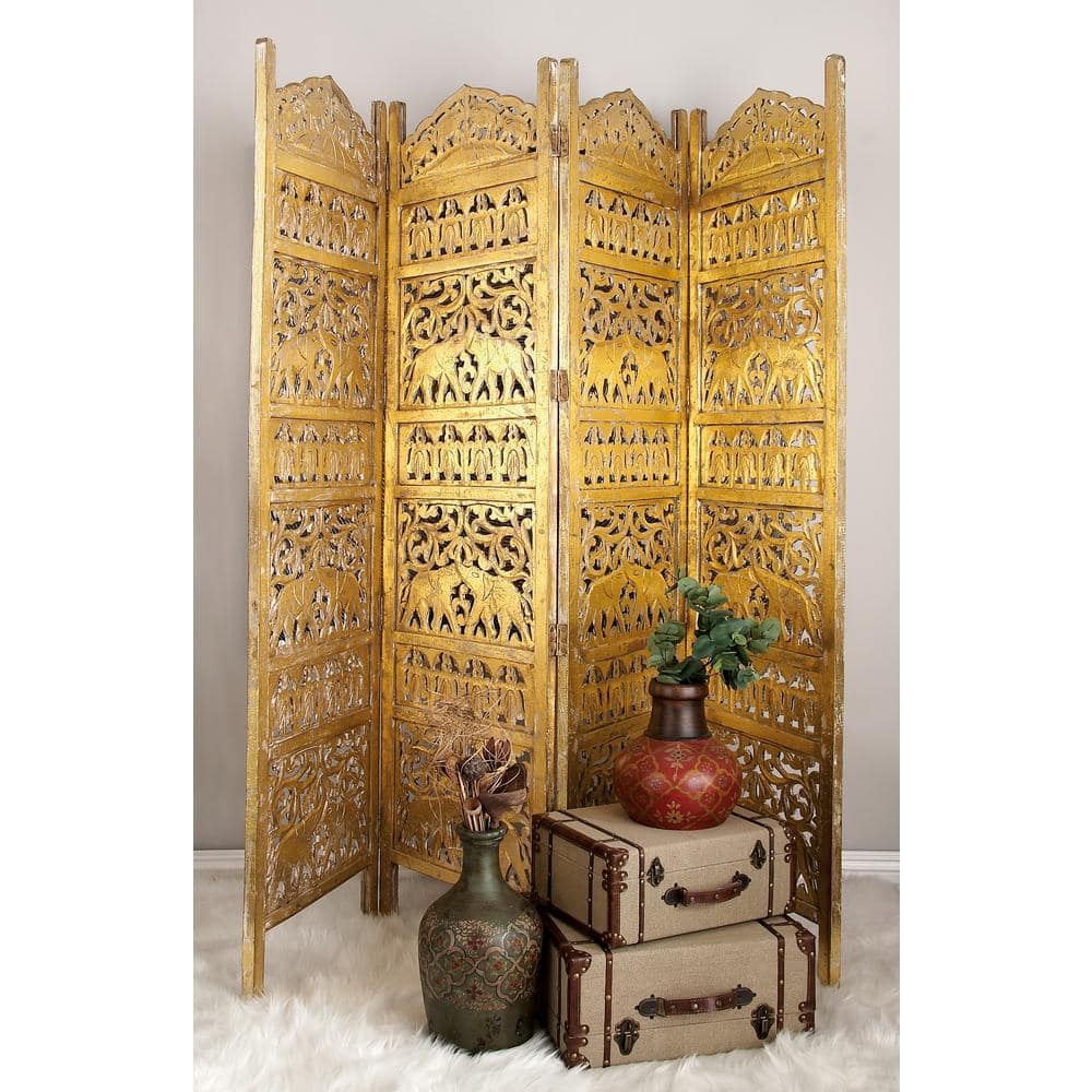Gold Wooden Carved Elephant 4-Panel Folding Privacy Screen