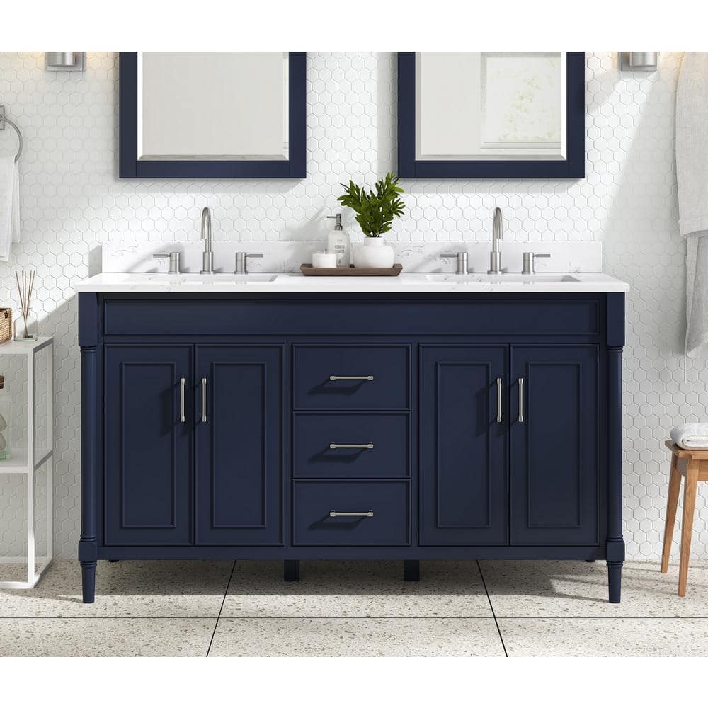Bristol 61 in. Double Sink Navy Blue Bath Vanity with Cala White Engineered Stone Top price history on PriceWatchPro