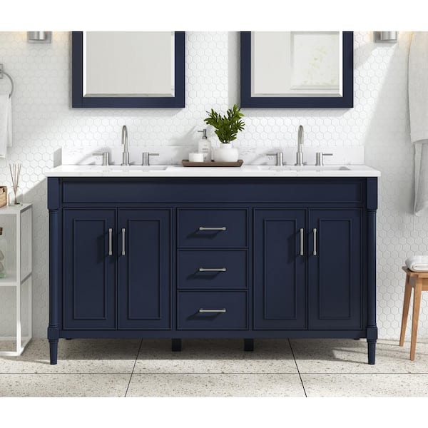 Avanity Bristol 61 in. Double Sink Navy Blue Bath Vanity with Cala White Engineered Stone Top