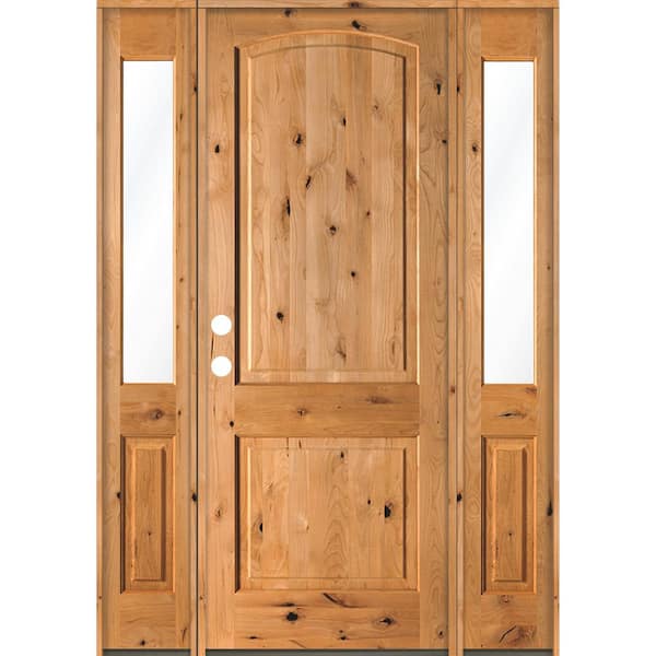 Krosswood Doors 70 in. x 96 in. Rustic Knotty Alder Arch clear stain Wood Right Hand Inswing Single Prehung Front Door/Half Sidelites
