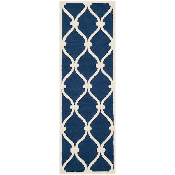 Cambridge Navy/Ivory 3 ft. x 8 ft. Border Knotted Geometric Runner Rug