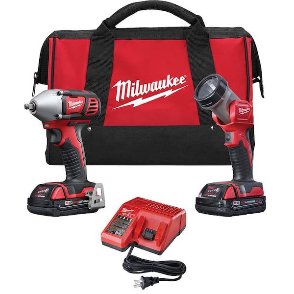 Milwaukee M18 18V Lithium-Ion Cordless Impact Wrench/Light Combo Kit (2-Tool) with Two 1.5 Ah Batteries, Charger, Tool Bag