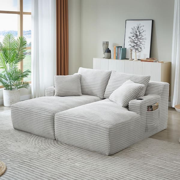 Daphne 70.9 in. Light Grey Corduroy Upholstered Square Arm Compressible Double Chaise Lounge with Cupholders