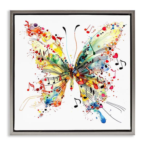 Stupell Industries Musical Song Butterfly by LSR Design Studio Gray Floater Frame Animal Graphic Art Print 18 in. x 18 in.