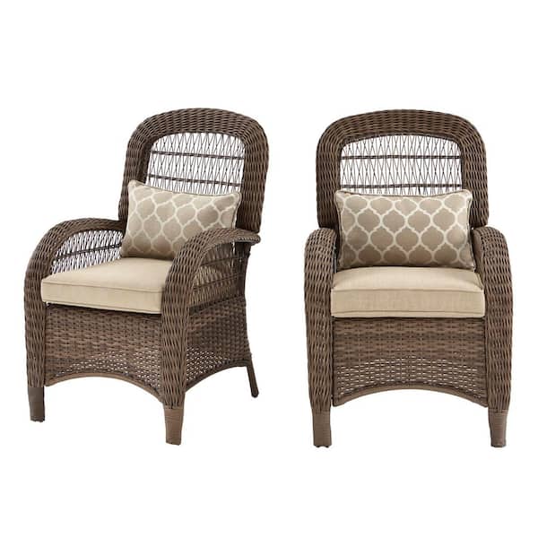 Hampton Bay Beacon Park Brown Wicker Outdoor Patio Captain Dining Chair With Cushionguard Toffee Trellis Tan Cushions Frs80937a The Home Depot