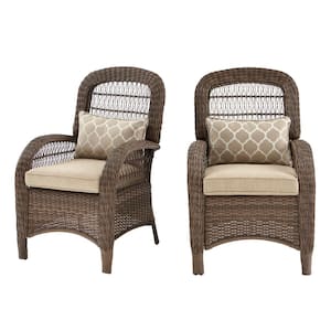 Beacon Park Gray Wicker Outdoor Patio Captain Dining Chair with CushionGuard Toffee Trellis Tan Cushions (2-Pack)