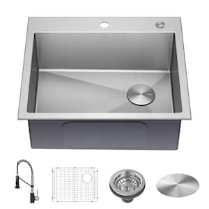 Loften 25 in. Drop-In/Undermount Single Bowl 18 Gauge Stainless Steel Kitchen Sink with Faucet in Black and Steel