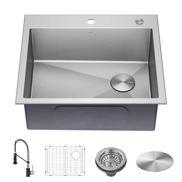 KRAUS Loften 25 in. Drop-In/Undermount Single Bowl 18 Gauge Stainless Steel Kitchen Sink with Faucet in Black and Steel