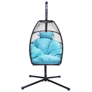 Outdoor 1-Person Wicker and Steel Patio Swing, Egg Chair with C Type Bracket, with Blue Cushion and Pillow