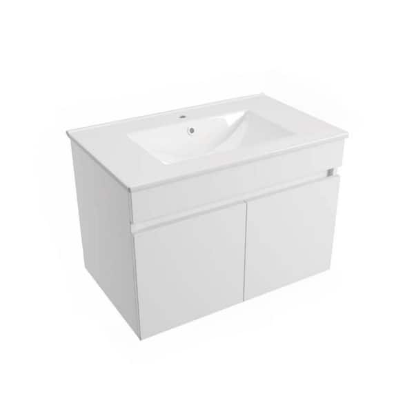 Aoibox 30 in. W x 18 in. D x 20 in. H Wall Mounted Bathroom Vanity in White with White Ceramic Basin Single sink