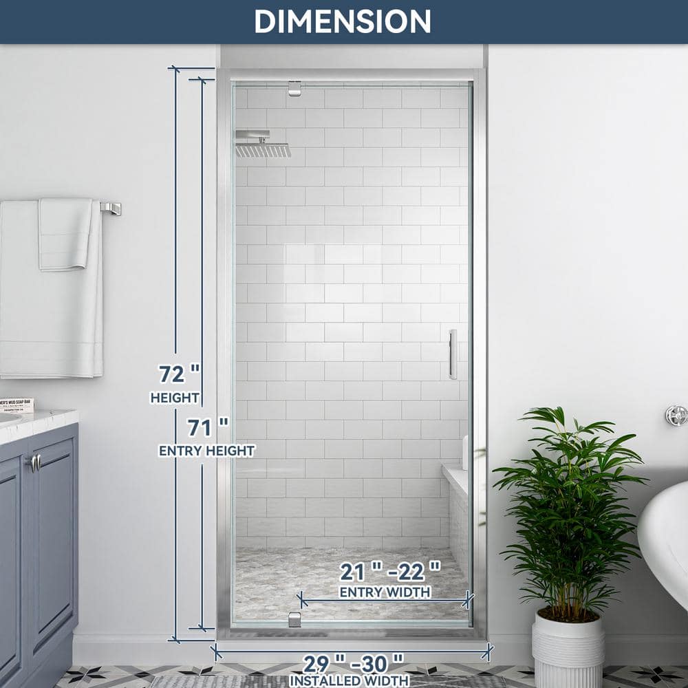 30" x 72" Chrome Framed Pivot Shower Door with Clear Glass