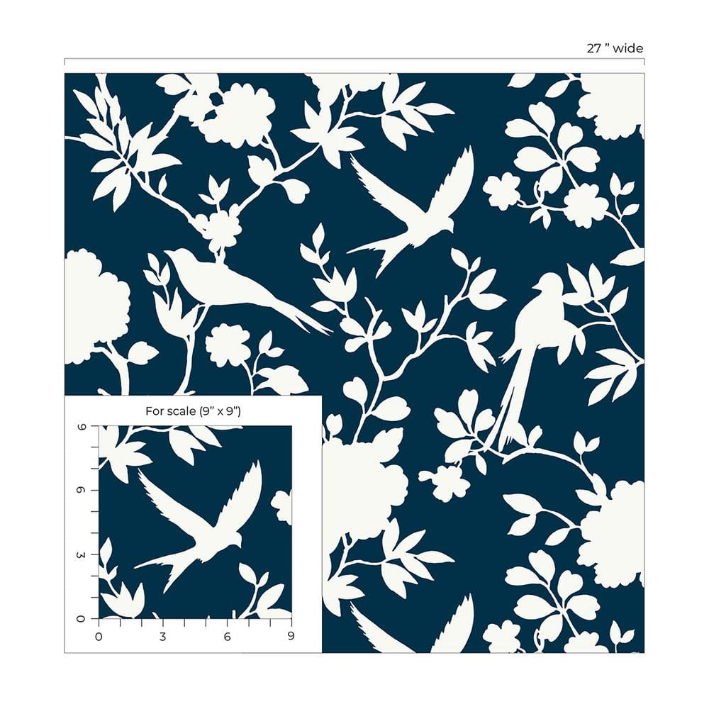 Denim Blue Kauai Bird Toile Embossed Vinyl Wallpaper Roll