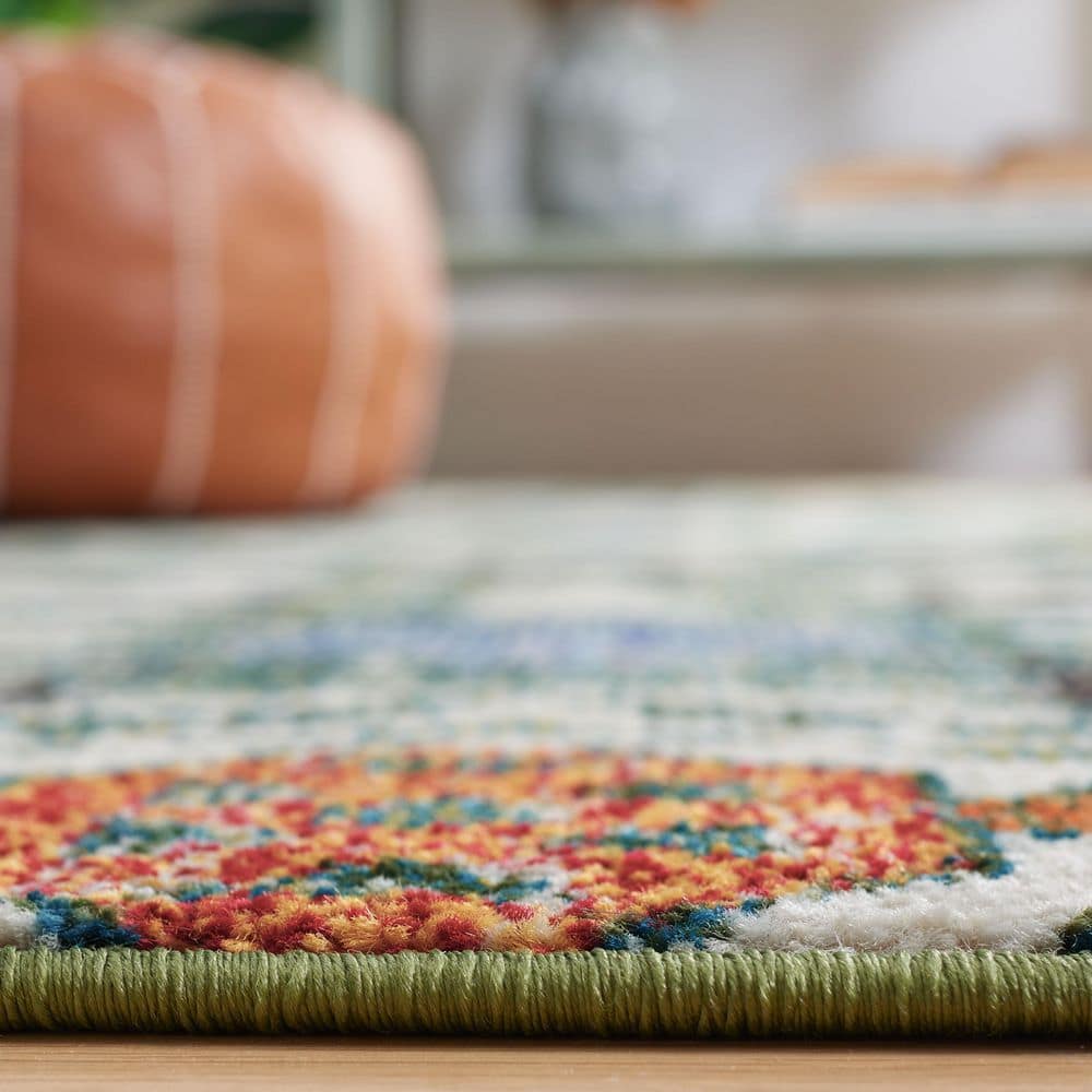 Ivory and Green 9' x 12' Flat Woven Cotton Synthetic Rug