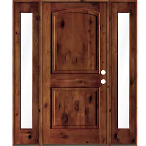 58 in. x 80 in. Rustic Knotty Alder Arch Top Red Chestnut Stained Wood Left Hand Single Prehung Front Door