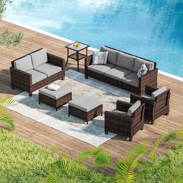 7-Pieces Patio Conversation Set with Side Table, Outdoor Armchair and Ottomans Brown Wicker with Gray Cushions