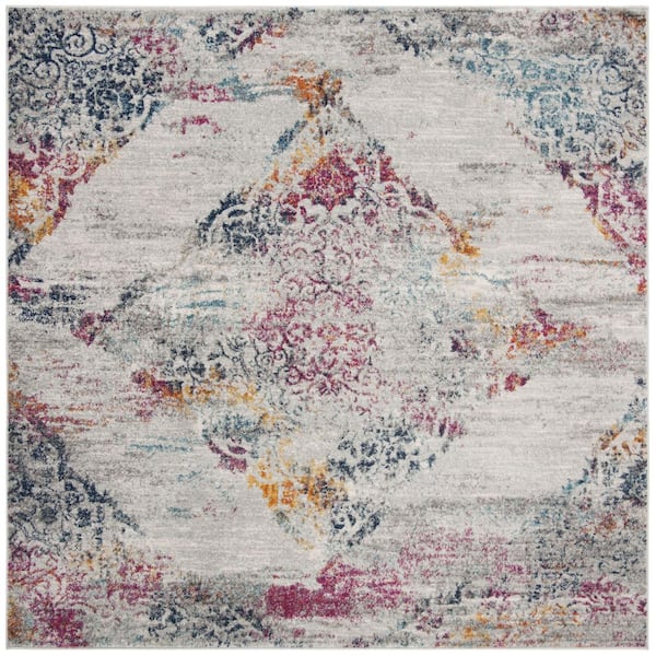 SAFAVIEH Madison Light Grey/Fuchsia 7 ft. x 7 ft. Border Floral Geometric Medallion Square Area Rug