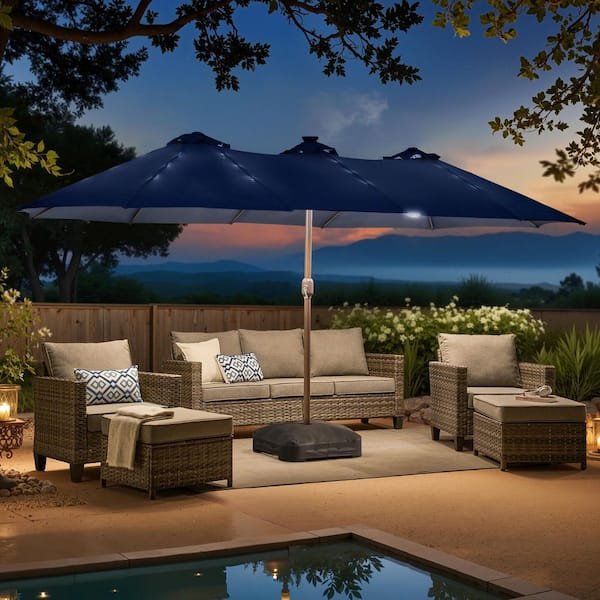 blue rectangle patio umbrella Caodoc 15 ft. Metal Market Rectangle Outdoor Patio Umbrella in Dark Blue with Base & Solar Lights for Poolside Bench Backyard