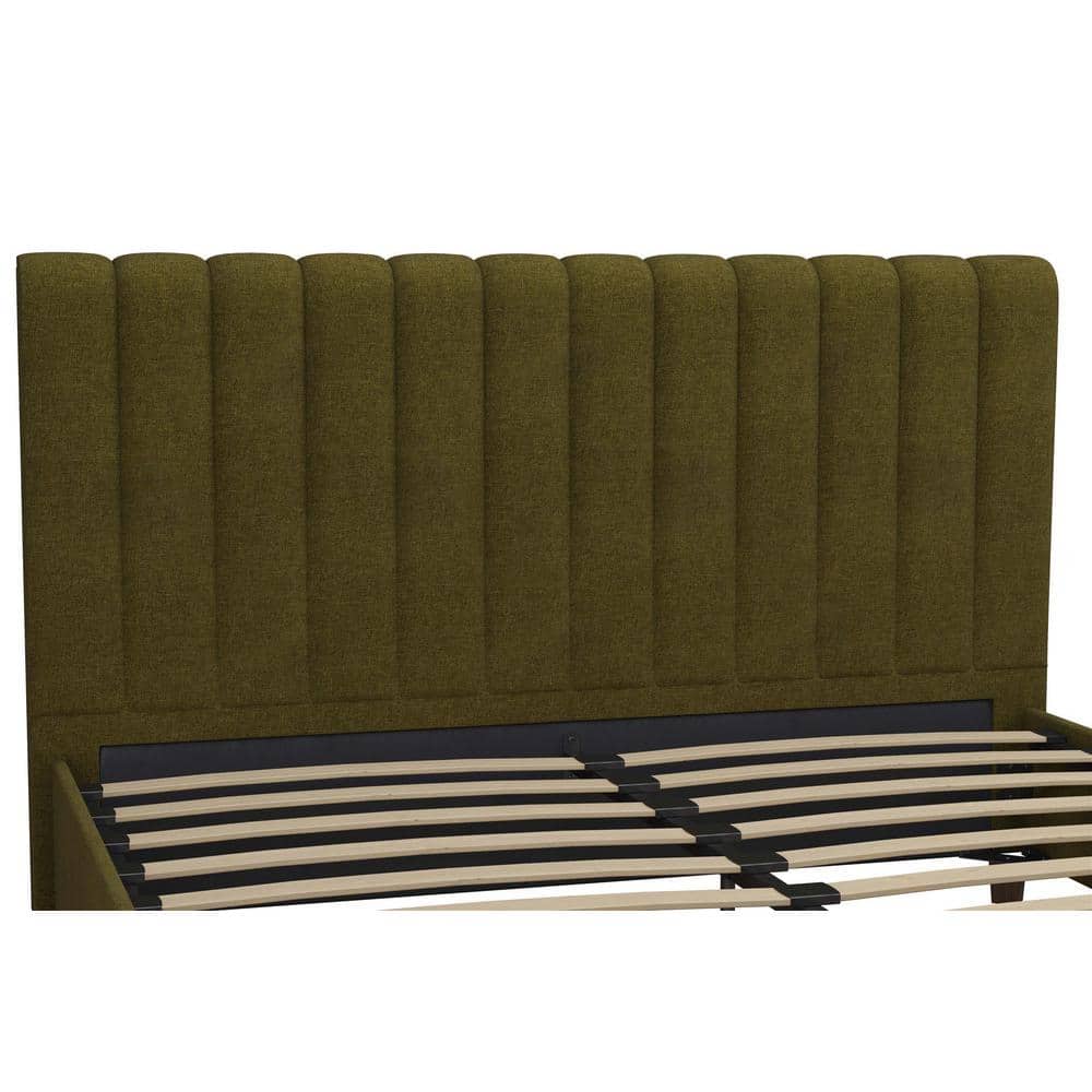Green Linen Upholstered Queen Platform Bed with Oak Legs