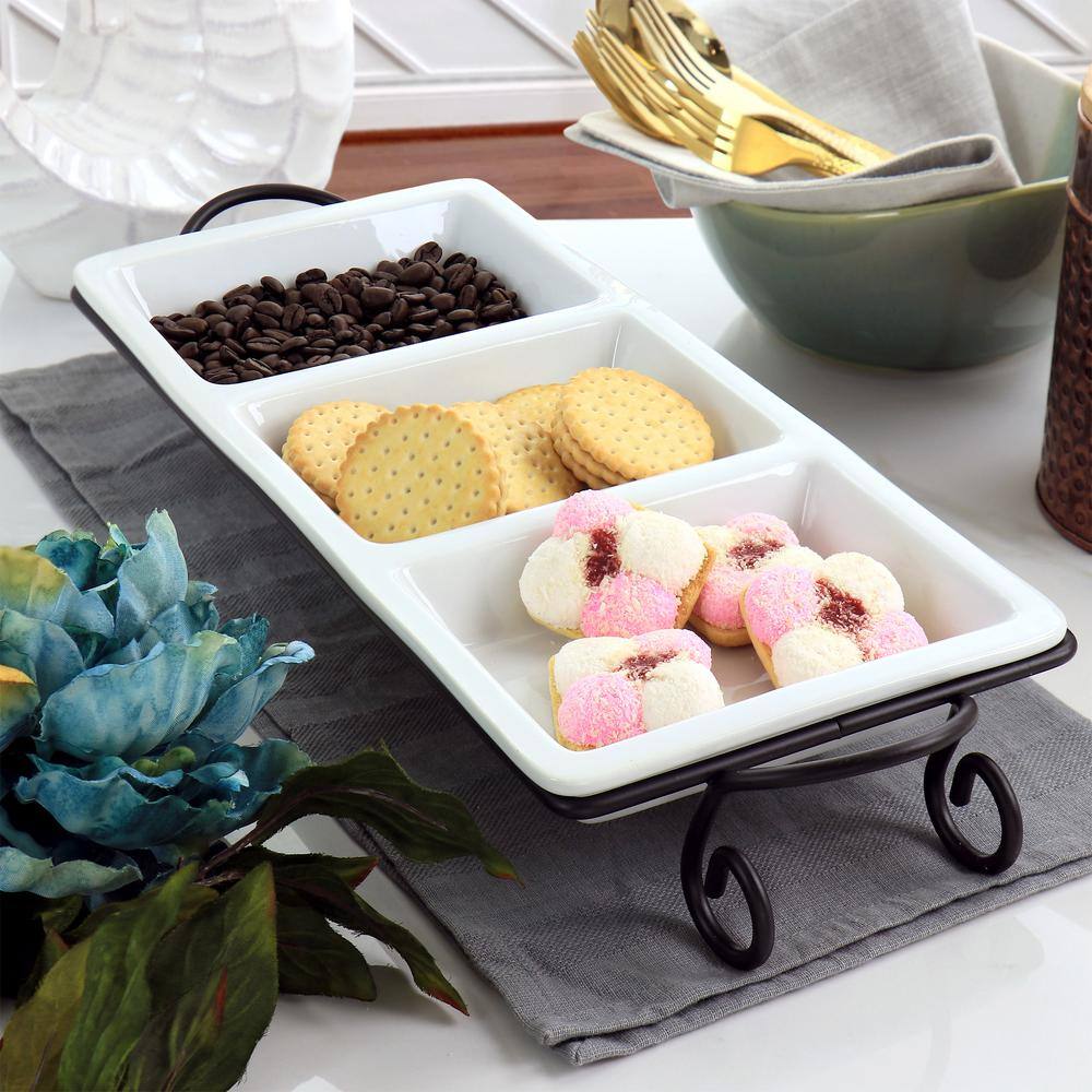 Modern White Porcelain 3-Section Rectangular Serving Tray with Metal Rack
