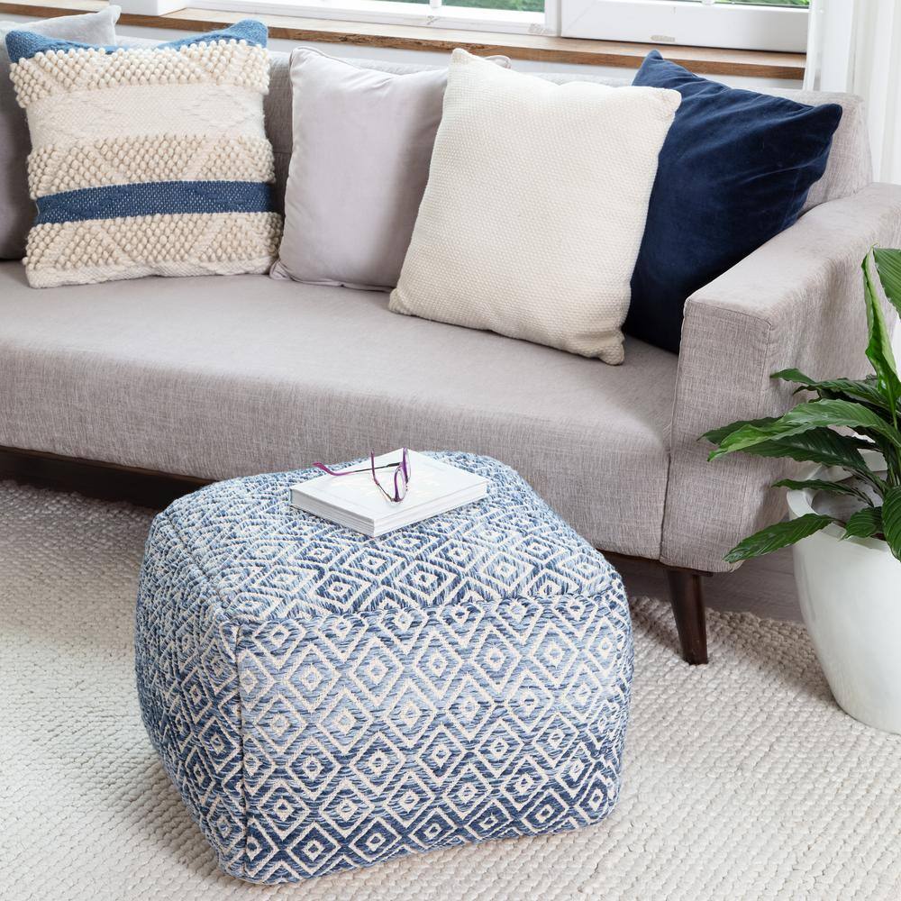 Cherokee Blue and Beige Diamond Pattern Square Pouf Ottoman