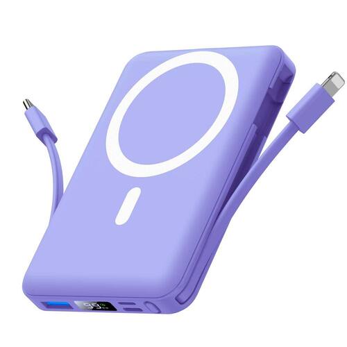 Ultraslim 10000 mAh Magnetic Wireless Portable Charger Power Bank 22.5-Watt Fast Charging with LED Display in Purple Home