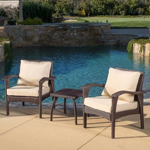 Honolulu Brown 3-Piece Faux Rattan Outdoor Patio Conversation Set with Tan Cushions