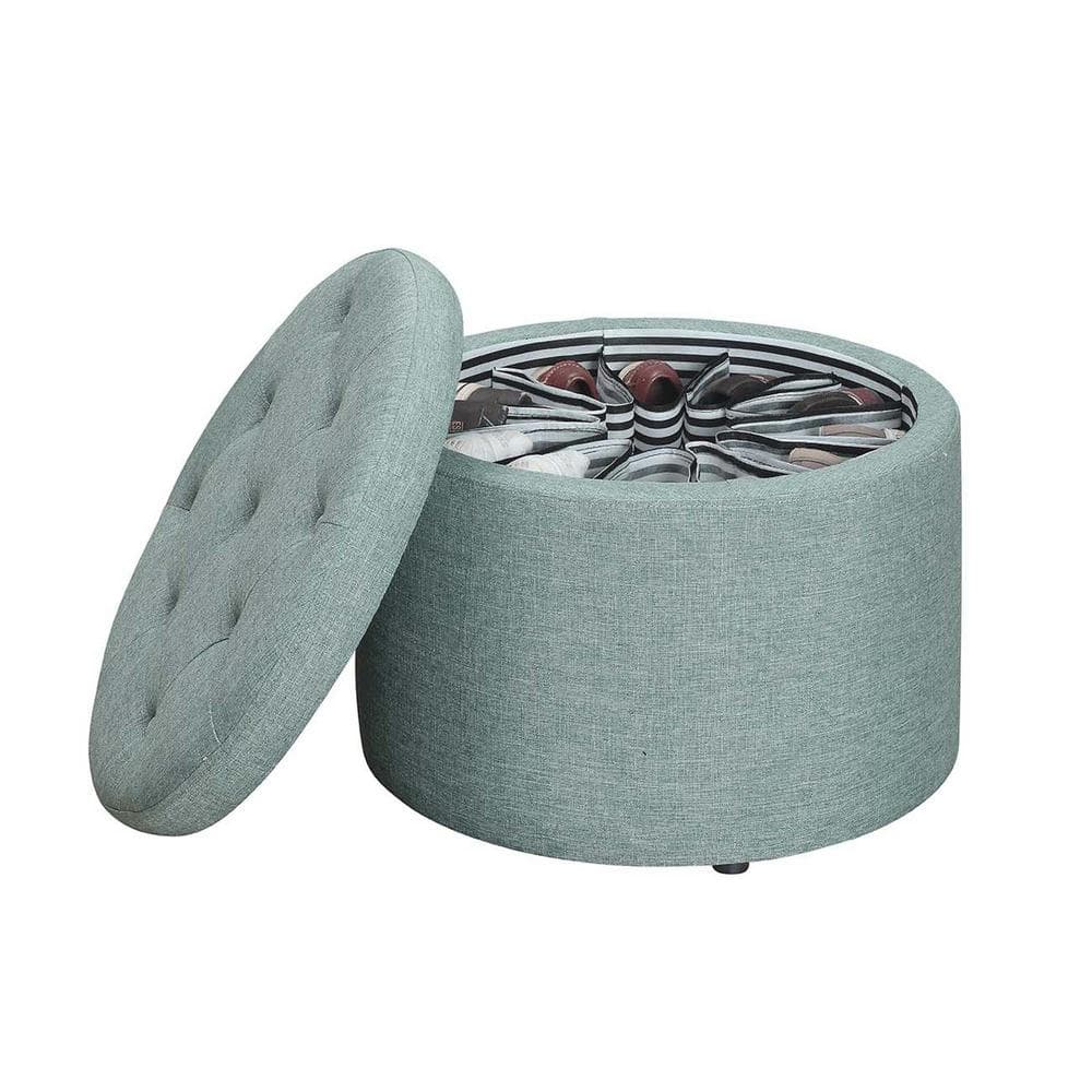 Tufted Round Green Faux Linen Shoe Ottoman with 12 Compartments
