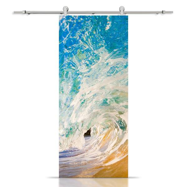 CALHOME 36 in. x 96 in. Artisan Print Series Ocean Wave MDF Modern Interior Sliding Barn Door with Hardware Kit