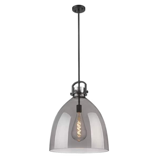 Newton Bell 100-Watt 1-Light Matte Black Shaded Pendant Light Tinted Glass Shade