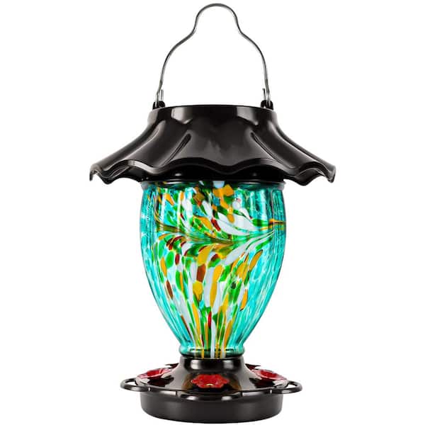 Solar Powered Teal Glass Hanging Color Changing Hummingbird Nectar Feeder-32 oz. 1-Pack