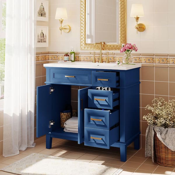 36 in. W Single Sink Freestanding Bath Vanity in Blue with White Resin Top and 4-Drawers, Soft Close Doors
