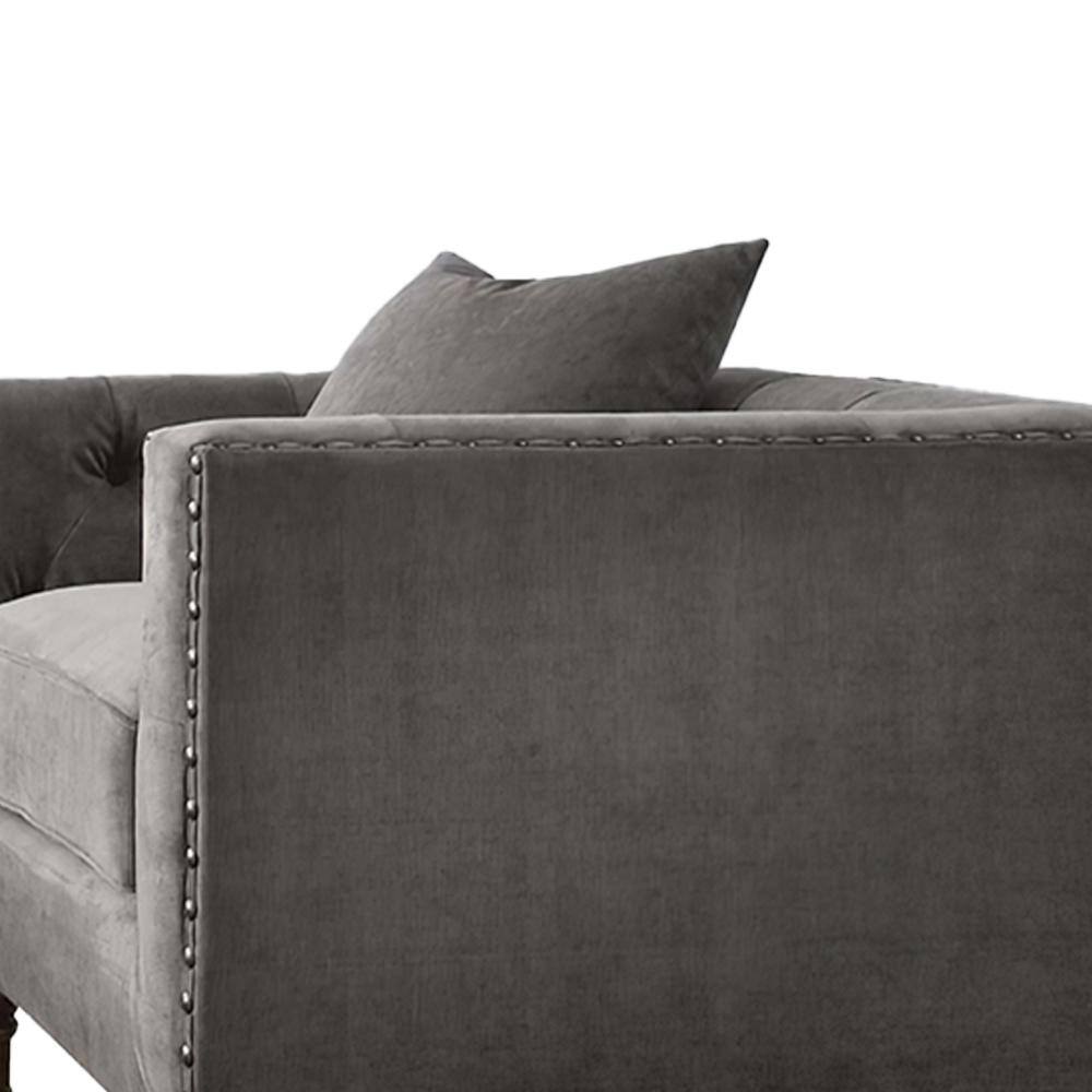 Gray Velvet Handcrafted Accent Chair with Wood Legs