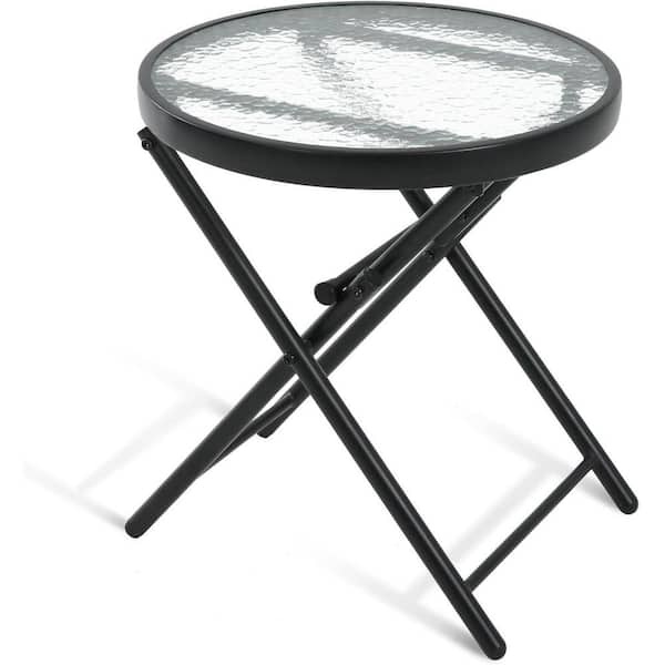 Portable Metal Outdoor Folding Bistro Side Table with Round Tempered Glass Top