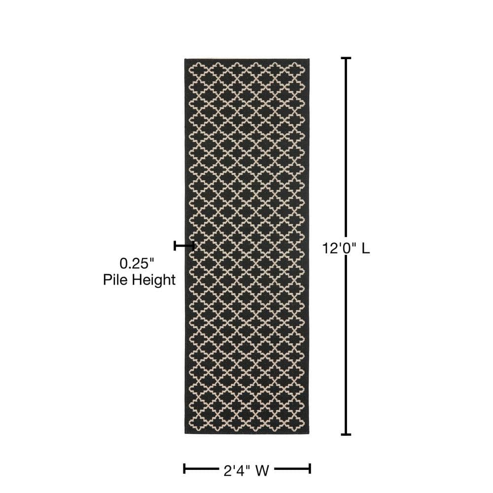 Reversible Black & Beige Synthetic Indoor/Outdoor Flat Woven Rug