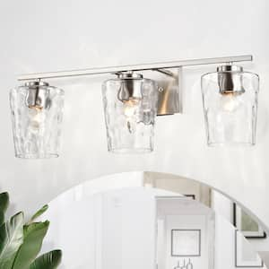 23 in. 3-Light Brushed Nickel Modern Bathroom Vanity Light with Hammered Clear Glass Shade