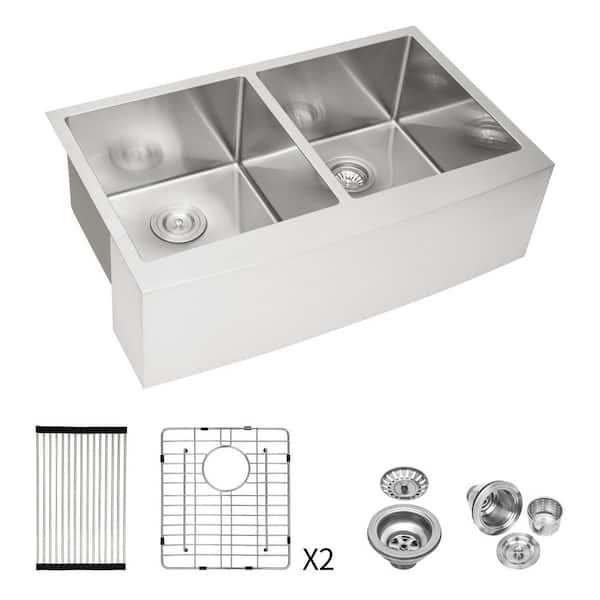 33 in. Apron Front Double Bowl 16 Gauge Brushed Nickel Stainless Steel Kitchen Sink with Drain Assembly and Drying Rack