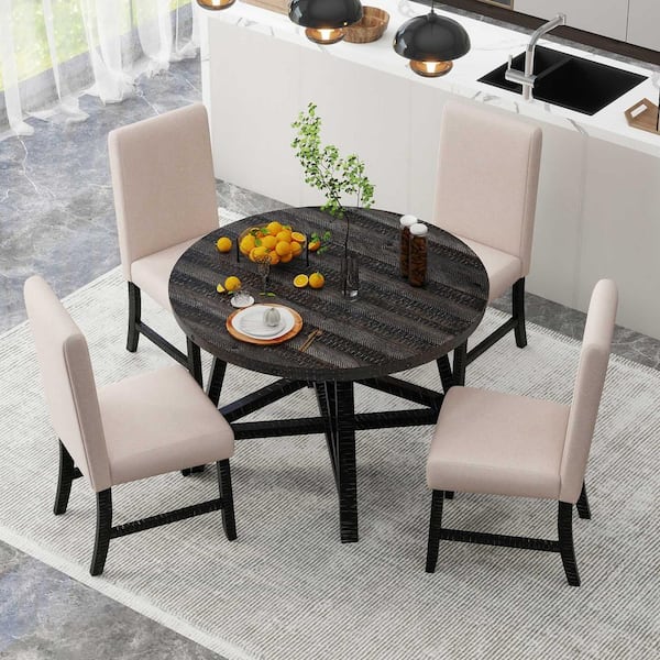 Harper & Bright Designs 5-Piece Round Extendable Black Wood Dining Set with Removable Middle Leaf, 4-Beige Linen Upholstered Chairs