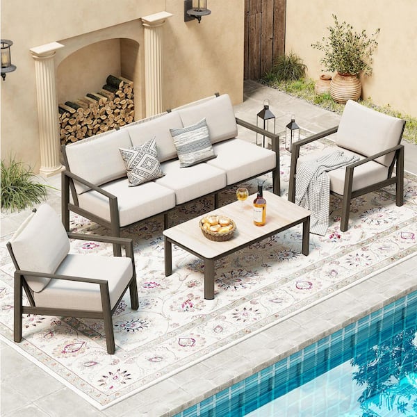 Nimbus 4-Piece Brown Aluminum Patio Conversation Set with Sunbrella Light Gray Cushions and Coffee Table