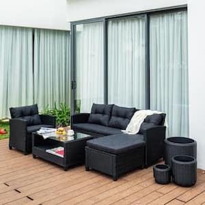 Versailles Black 4-Piece Wicker Patio Conversation Sectional Seating Set with Black Cushions and Ottoman