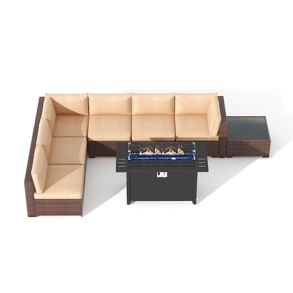 Freestyle 8-Piece Wicker Outdoor Conversation Set with Propane Fire Pit Table and Coffee Table, Beige