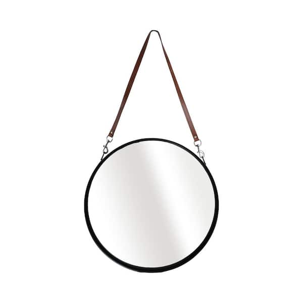 Black 3 in. H x 28 in. W Modern Round Metal With Leather Strap Framed Mirror