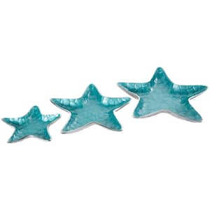 Teal Handmade Aluminum Metal Starfish Textured Enameled Decorative Bowl with Silver Base (Set of 3)