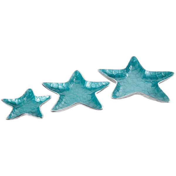 Litton Lane Teal Handmade Aluminum Metal Starfish Textured Enameled Decorative Bowl with Silver Base (Set of 3)