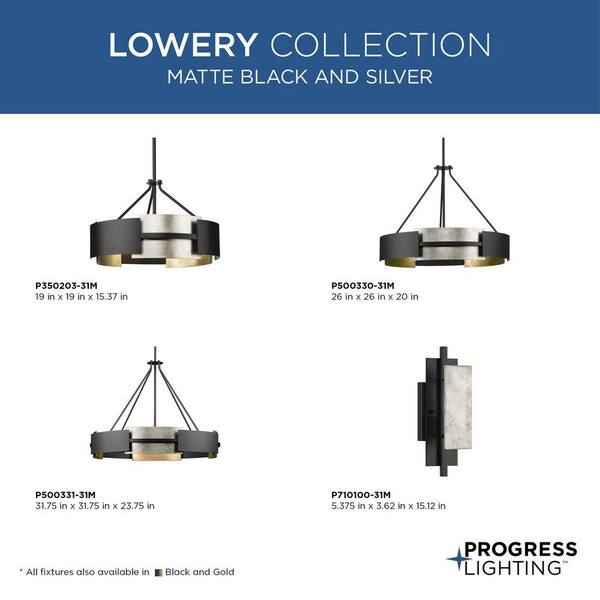 Progress Lighting Lowery 3-Light Matte Black with Aged Silver Leaf Accents Modern/Contemporary Drum Medium Hanging Convertible Pendant/semi-flush