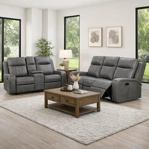 Benjara Josen 81 in. Round Arm Faux Leather Manual Reclining Sofa