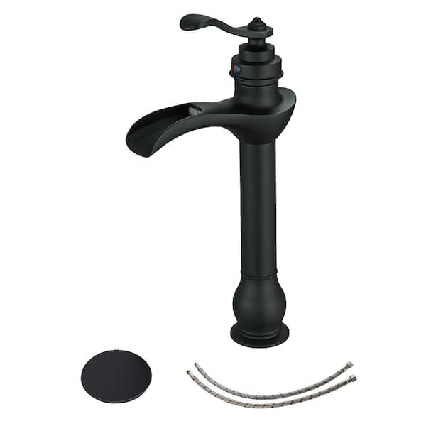 FORCLOVER Single Handle Waterfall Single Hole Bathroom Vessel Sink Faucet with Pop-Up Drain Assembly in Matte Black