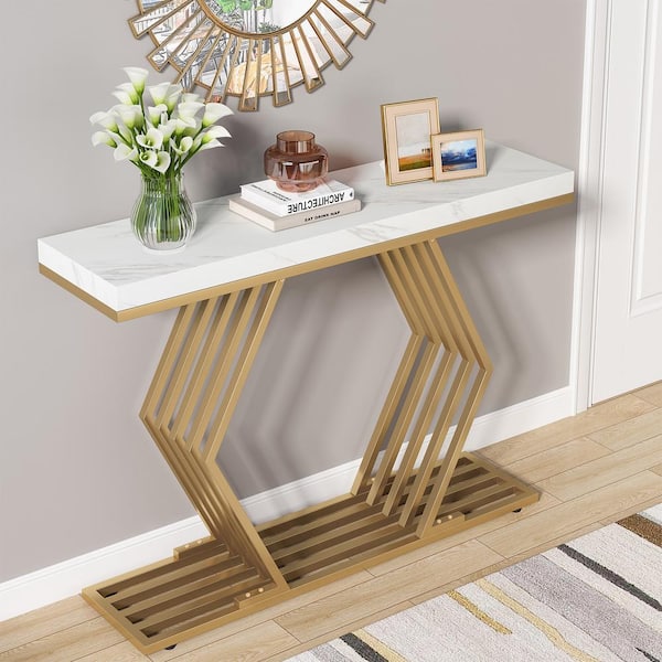 BYBLIGHT Turrella 42.5 in. Faux Marble White Console Table with Gold Base,  Geometric Entryway Sofa Table Narrow Long BB-XK00114GX - The Home Depot