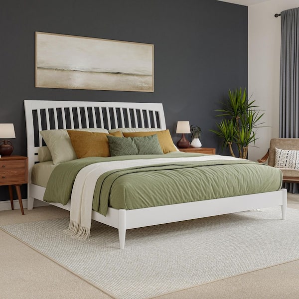 AFI Orleans White Solid Wood Frame King Low Profile Sleigh Platform Bed